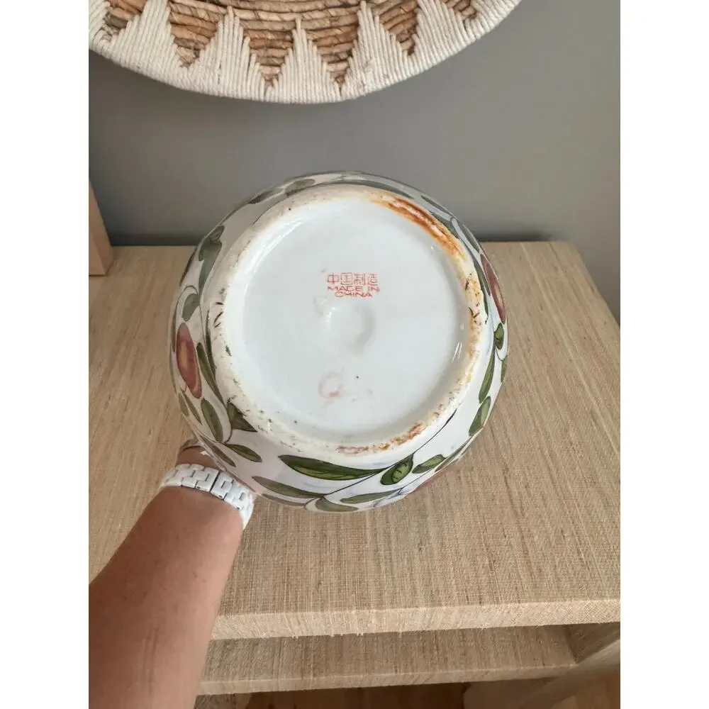 Vintage Italian Hand-Painted Ceramic Fruit Vase with Wood Stand 9